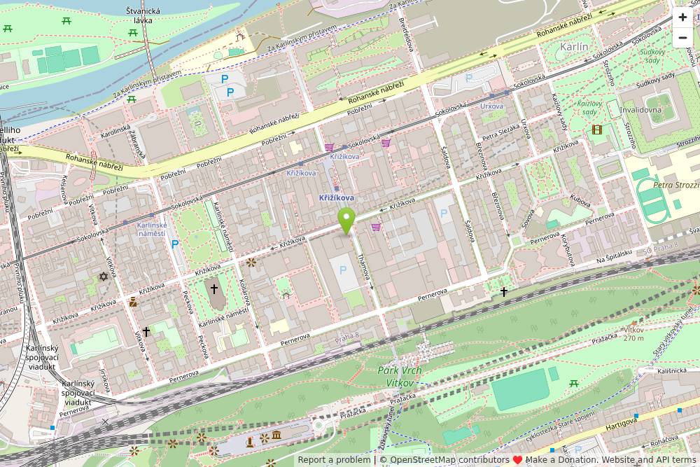 Mapa okolí: Thámova 221/7, Praha-Karlín